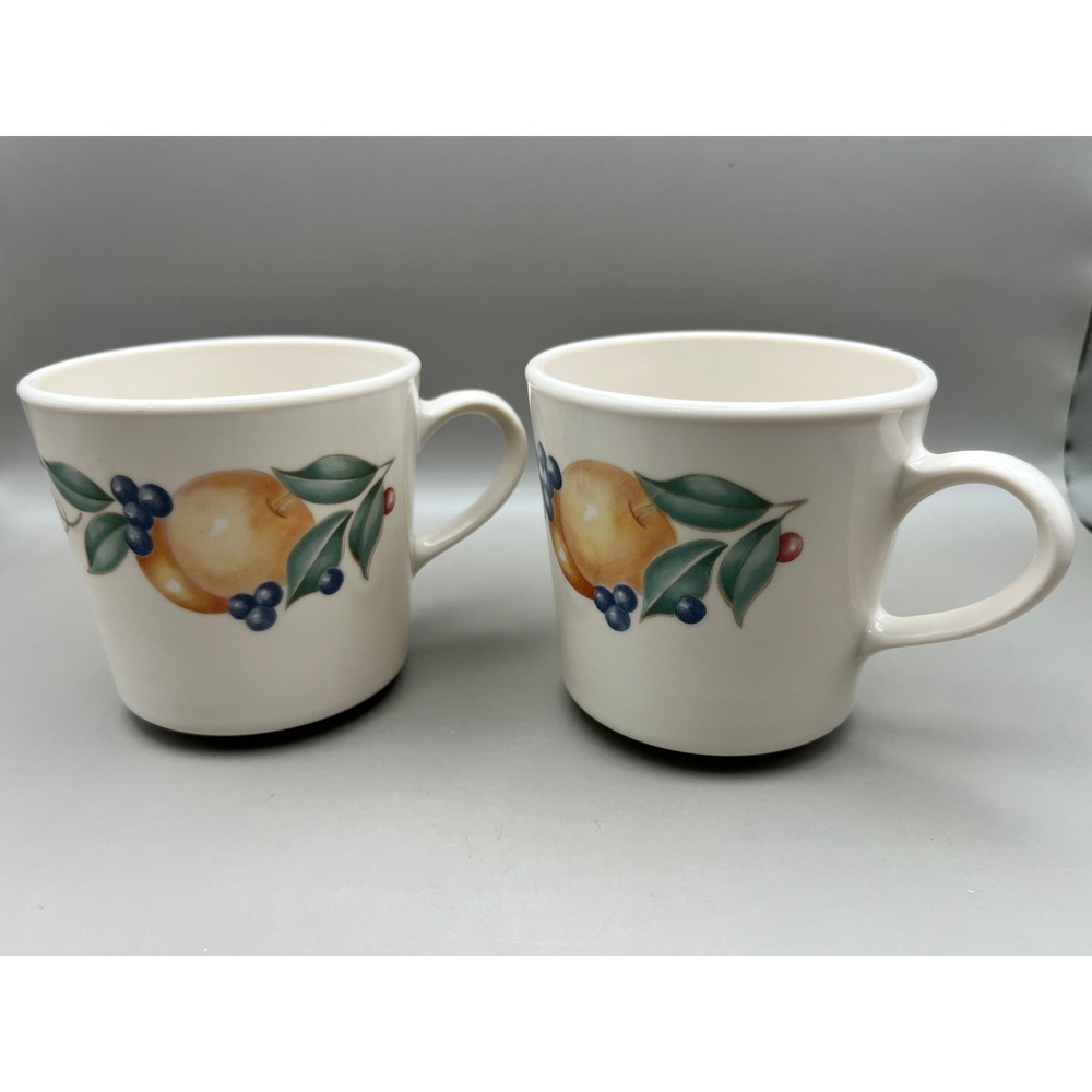 Corning USA Abundance Fruit Coffee Mugs Set of 2 Peach Blueberry Stoneware Cream